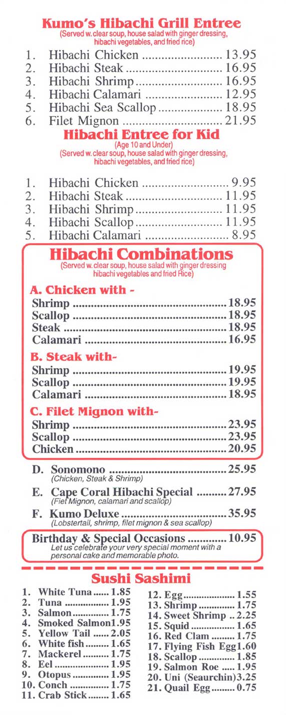 Menu KUMO Japanese Steak House, Cape Coral FL Sushi and hibachi